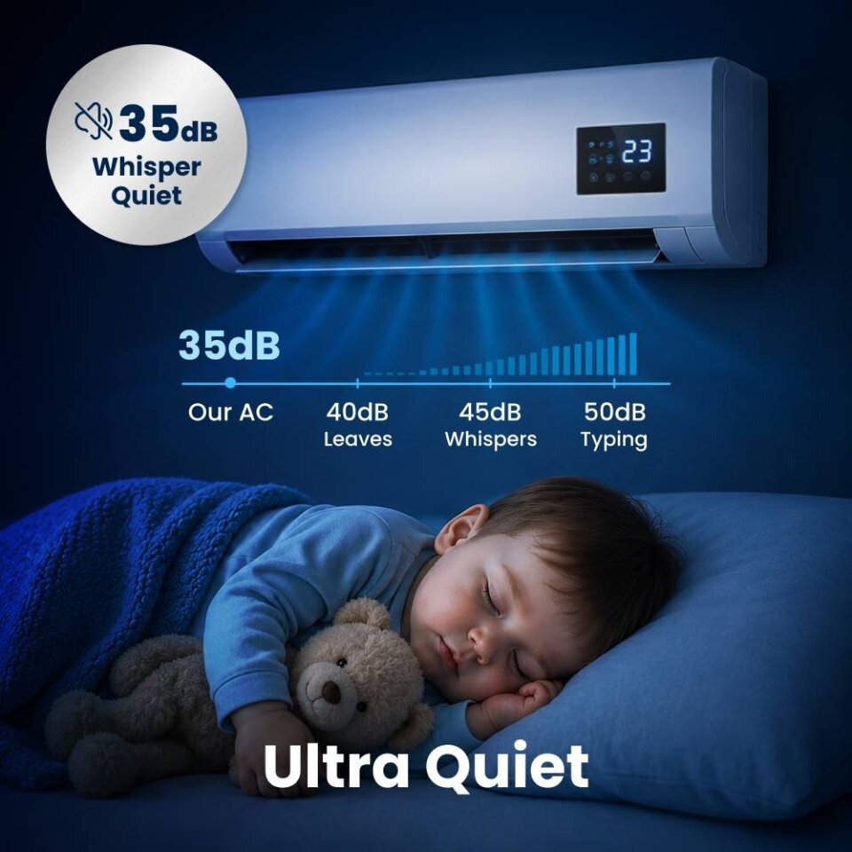 BlizzAir 3000 running quietly while a child sleeps nearby